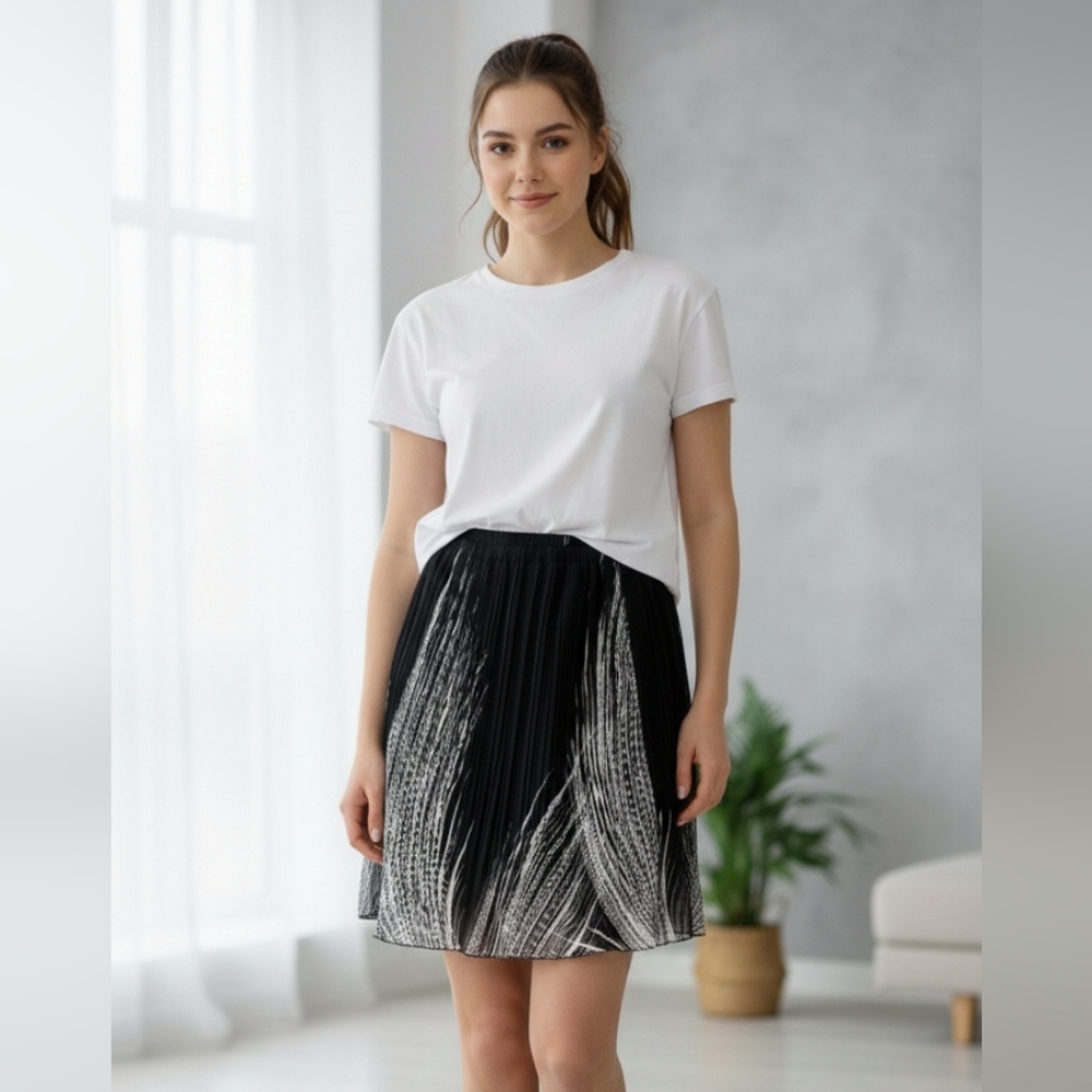 Kenar Classic Black and White Pleated Elastic Waist Flowy Midi Skirt Size XL